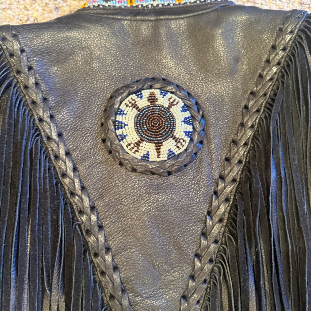 Black Leather Vest with Fringe and Beaded Details - Picture 5 of 6